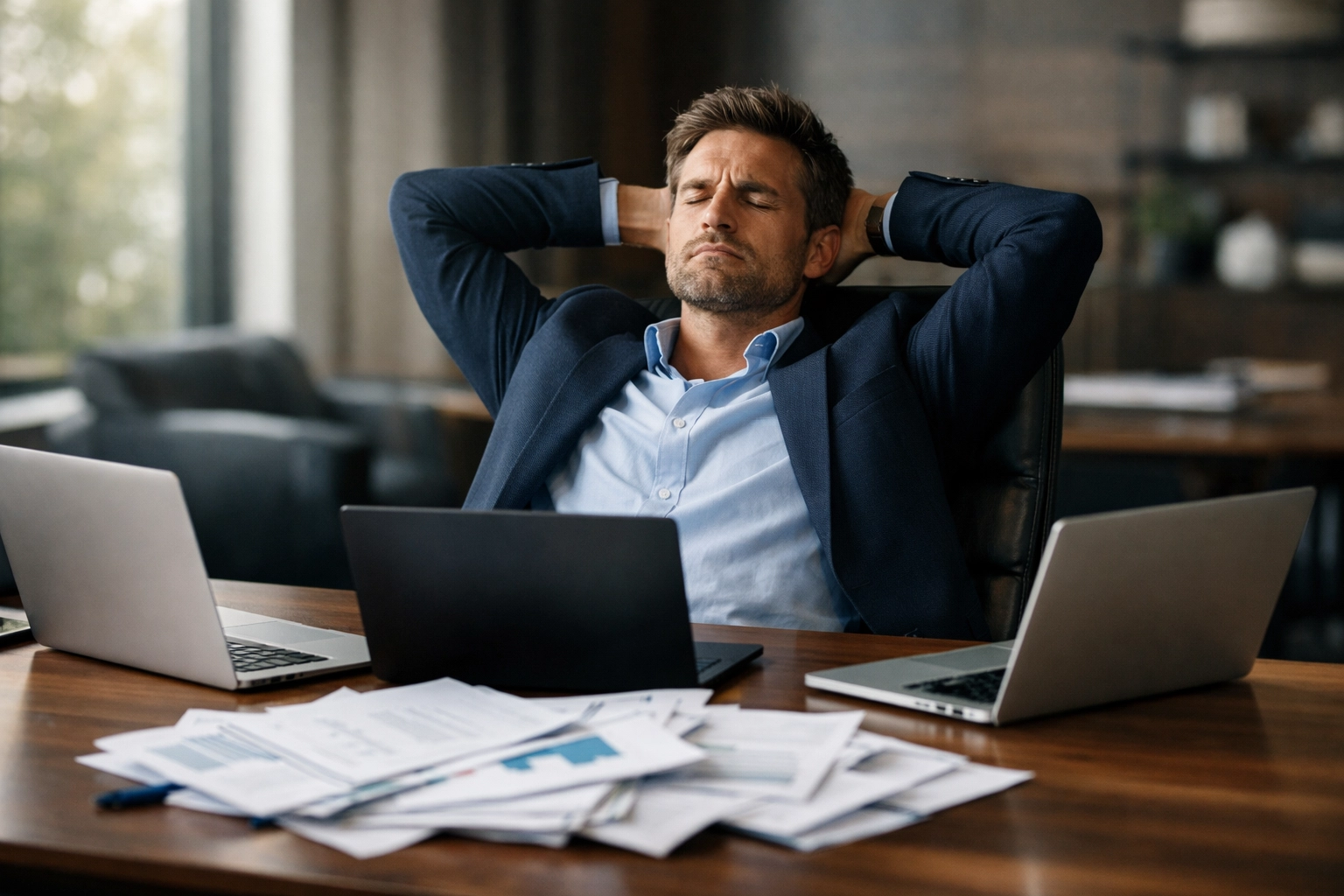 Stressed entrepreneur at a desk representing the founder trap and business bottleneck.
