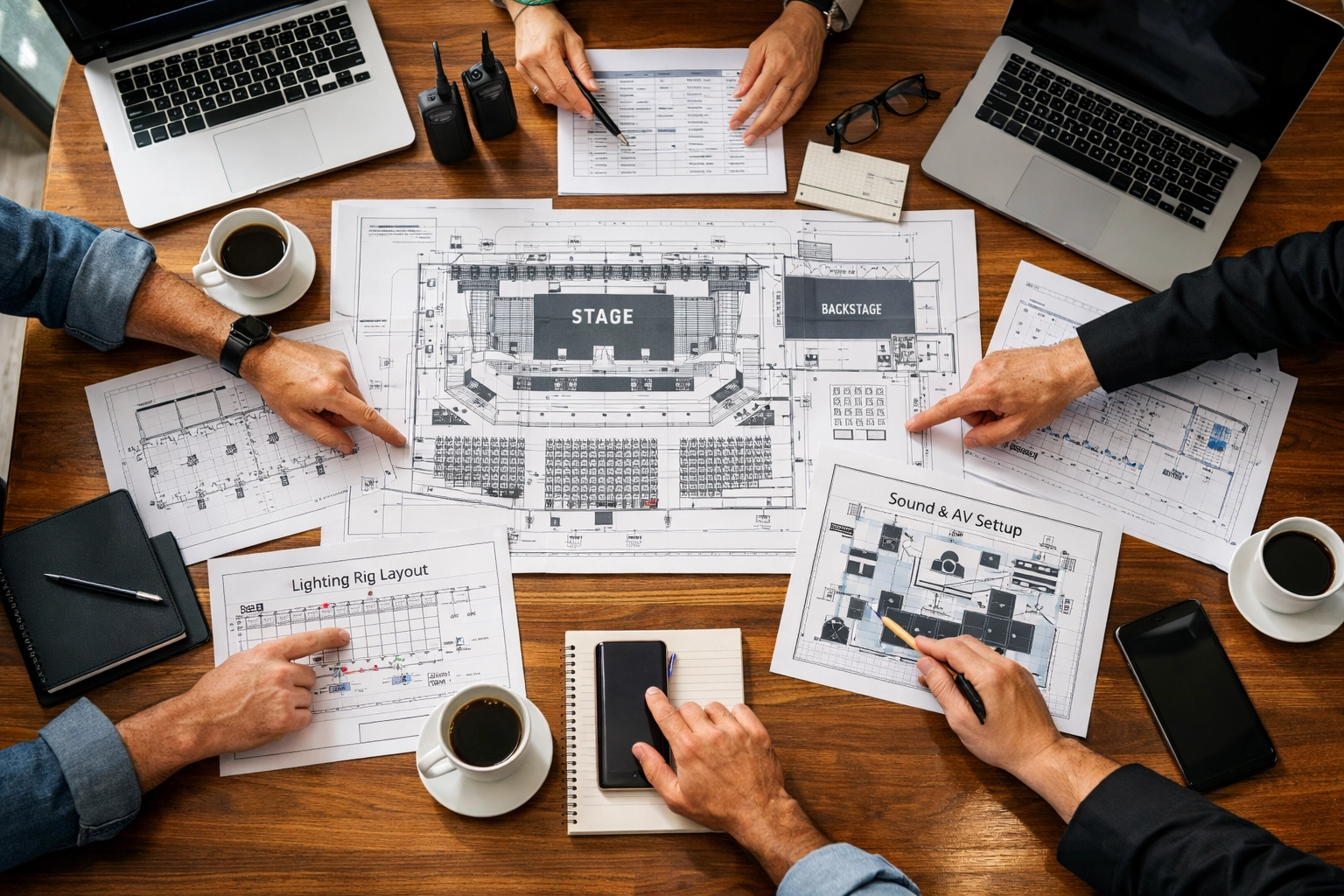 Event production team planning sports venue activation with blueprints and technical diagrams