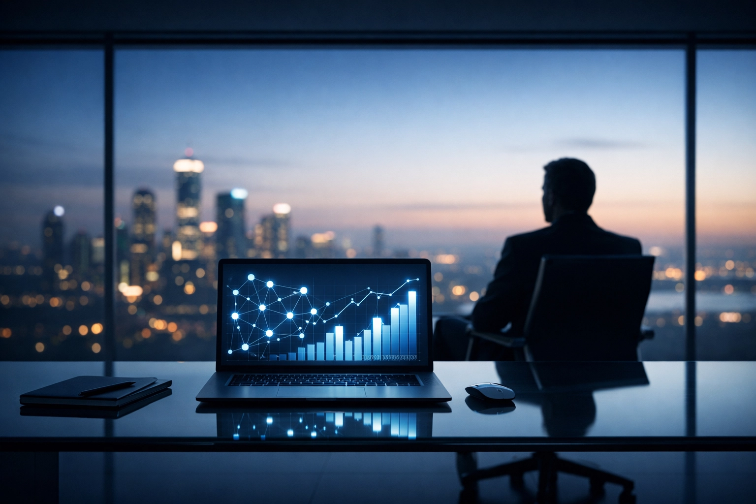 Business professional observing city skyline from office, with laptop displaying data analytics graph and network connections, symbolising CRM optimization and predictive sales intelligence.