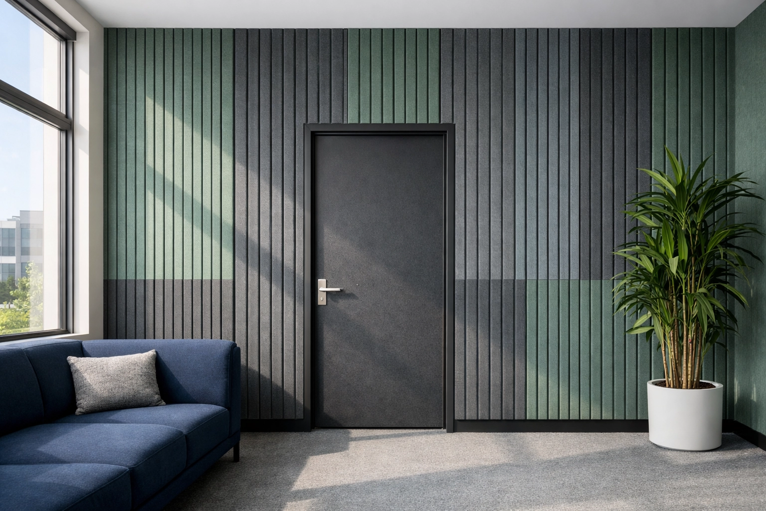 Vertical V-groove PET acoustic panels for office noise reduction providing high-performance soundproofing.