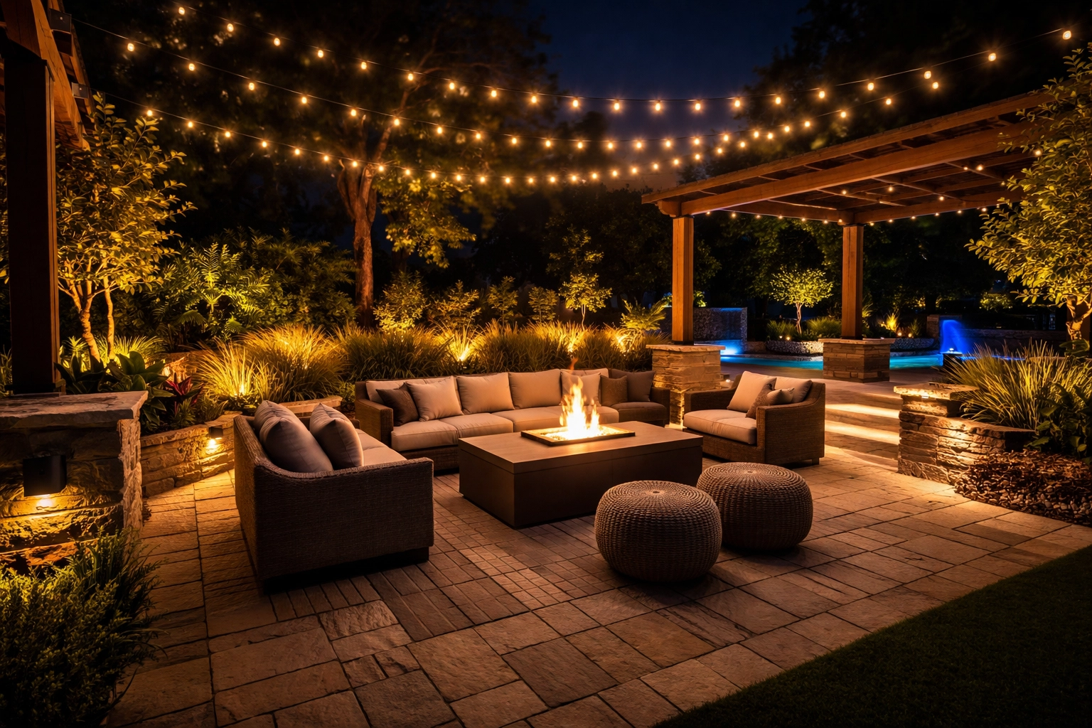 Luxury outdoor patio at night featuring smart string lights, low voltage landscape lighting, and outdoor speakers