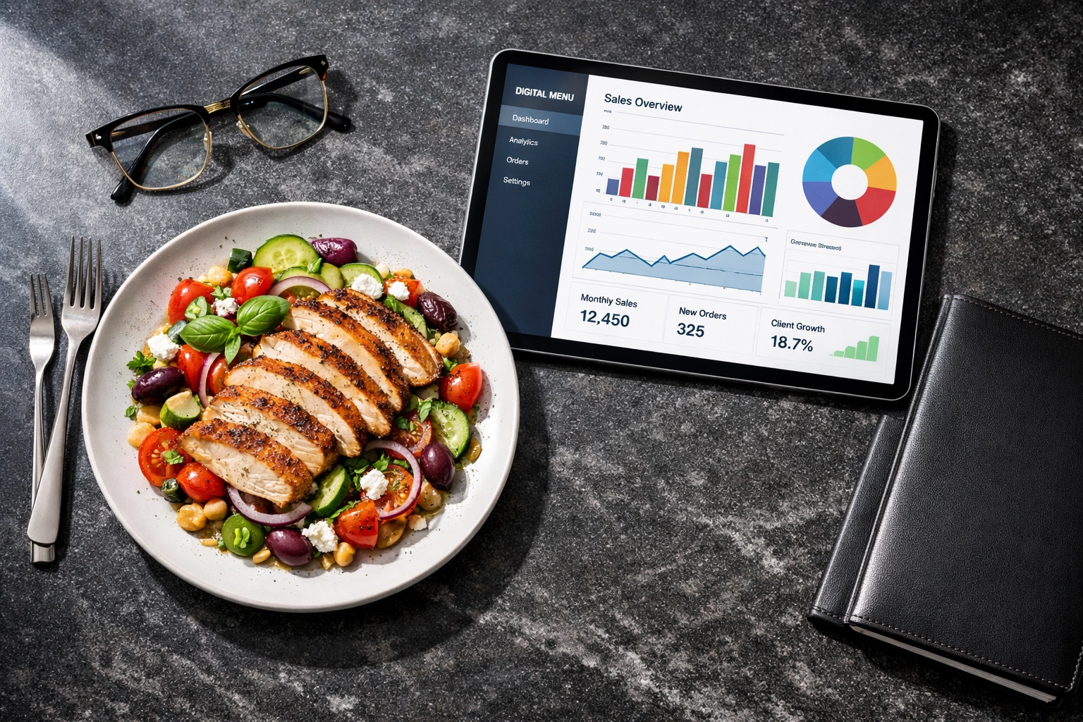 Data analytics on a tablet next to a high-end dish showing restaurant investment and margin optimization.