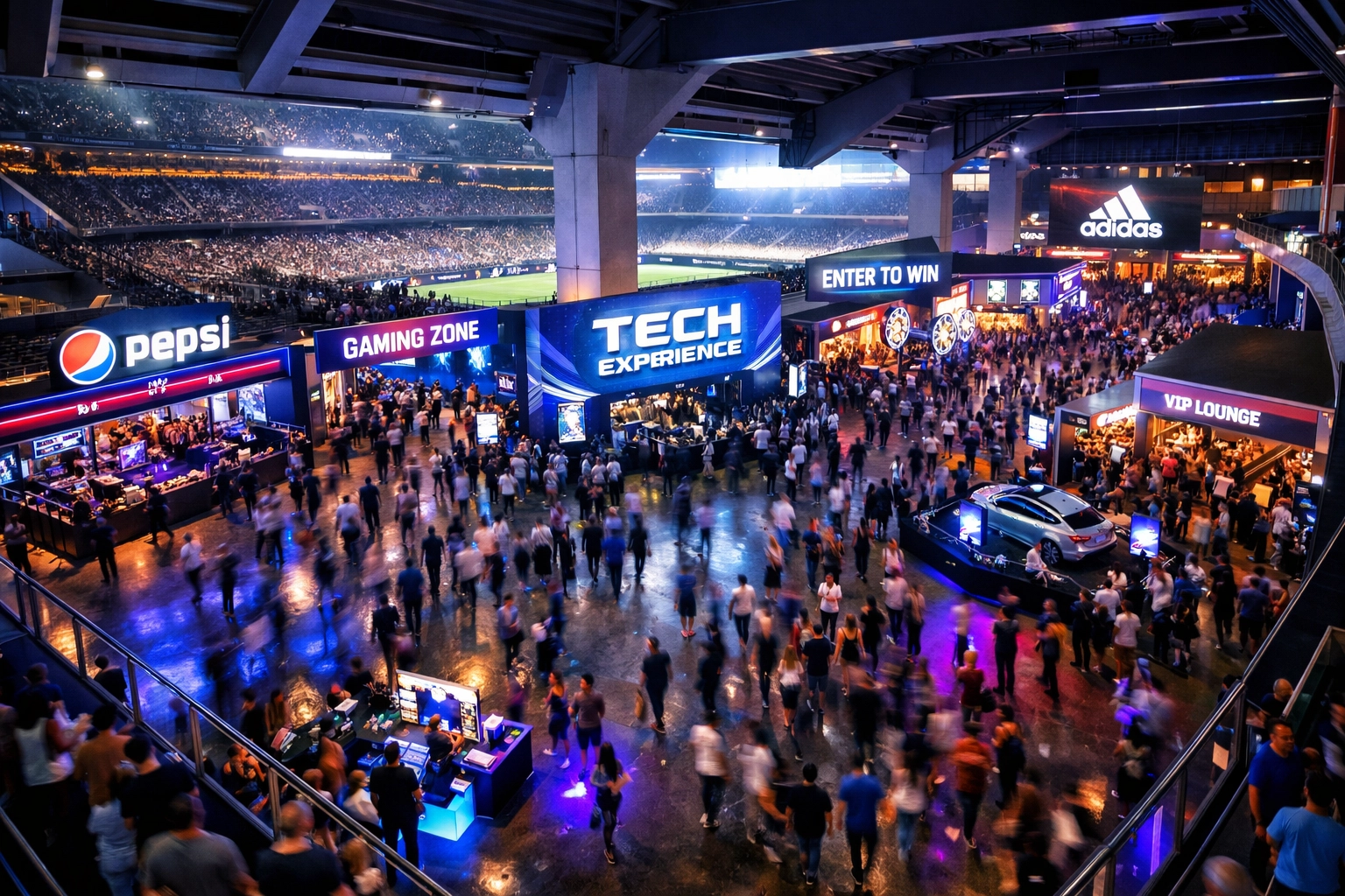 Stadium interior with brand activation zones and audience flow during live event