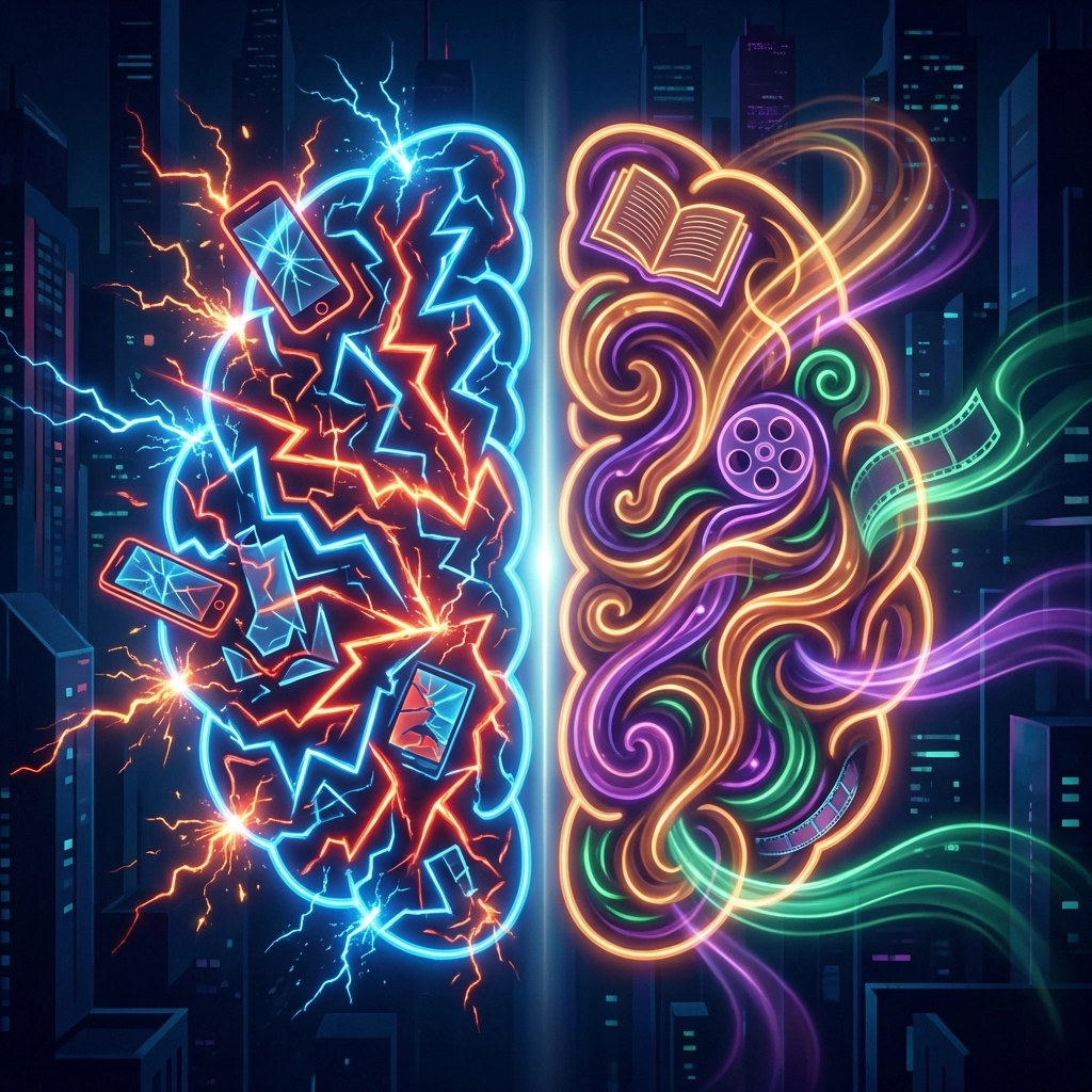 Neon brain split: left blue side with phones, lightning; right colorful swirls, book, film reel. Cityscape backdrop. Dynamic contrast.