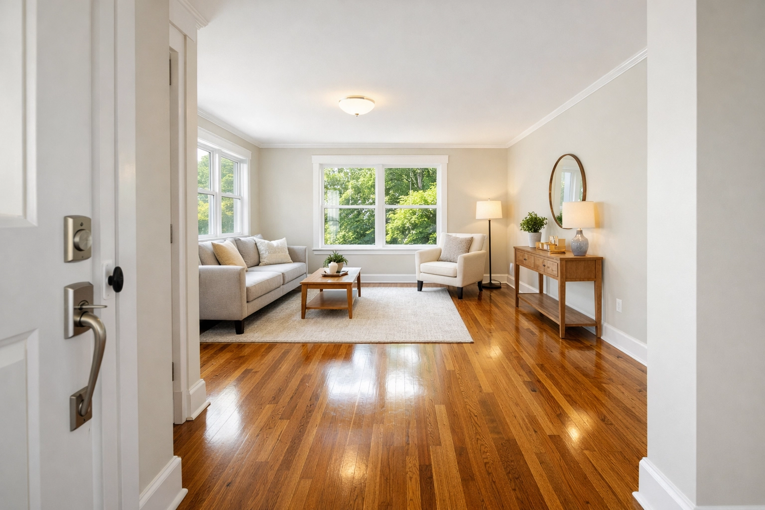 Bright staged rental property interior ready for tenant showing with natural lighting and hardwood floors