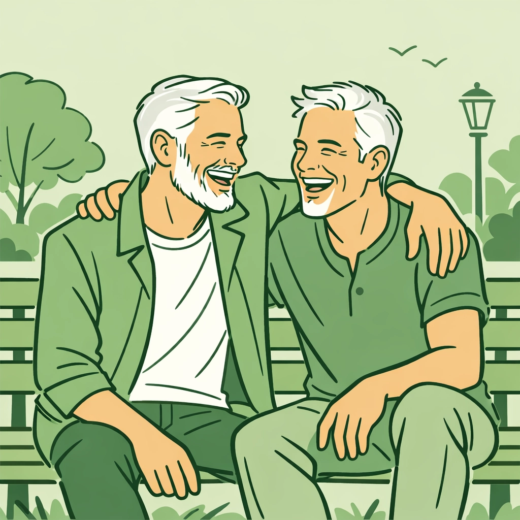 A happy older gay couple on a bench, celebrating queer joy and silver fox MM romance themes.