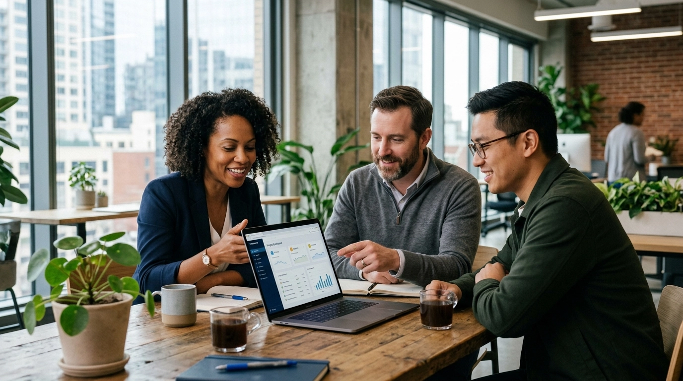 A small group of professionals having a focused conversation