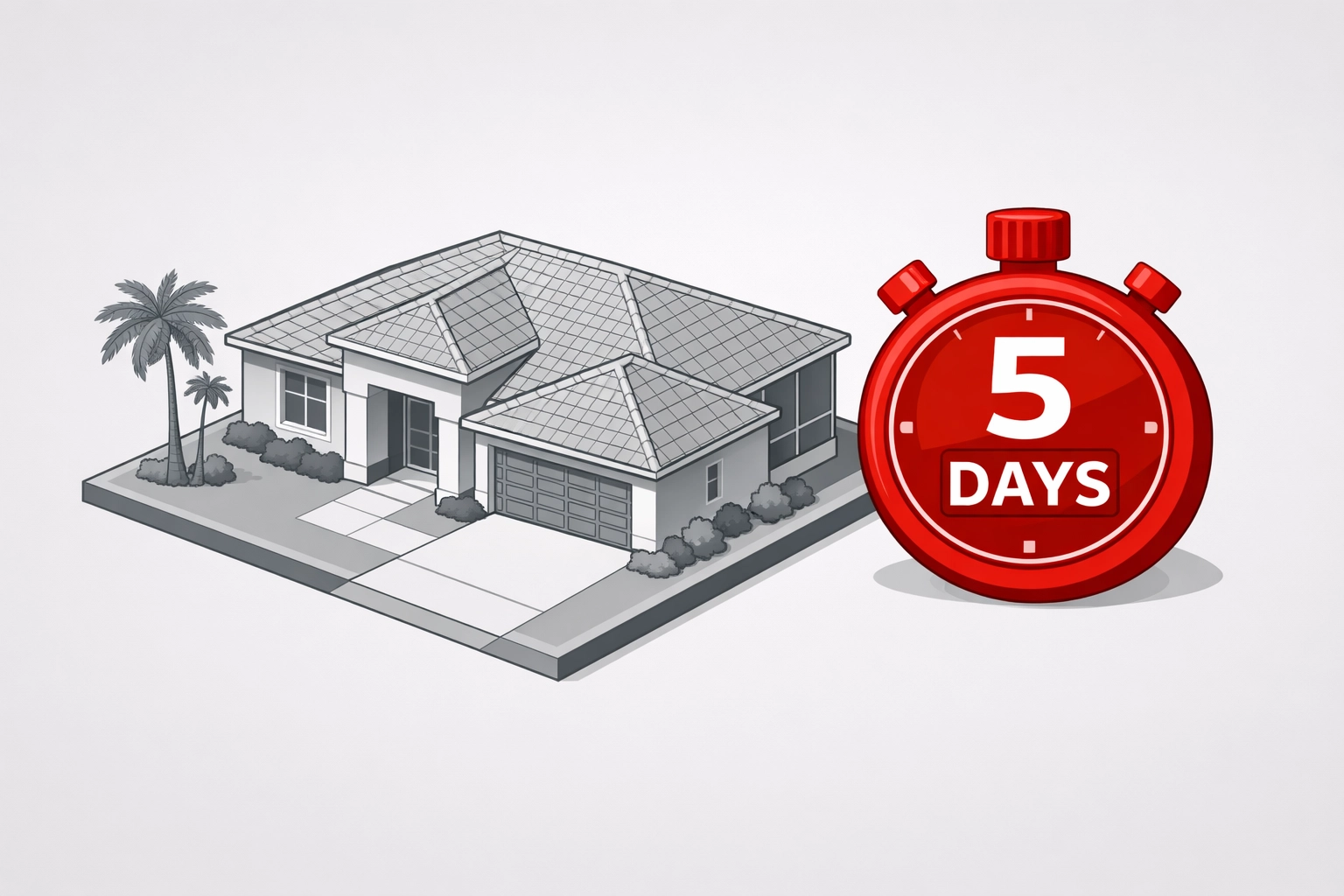 Isometric house and stopwatch showing the fast Florida building permit approval process under the 2025 code.