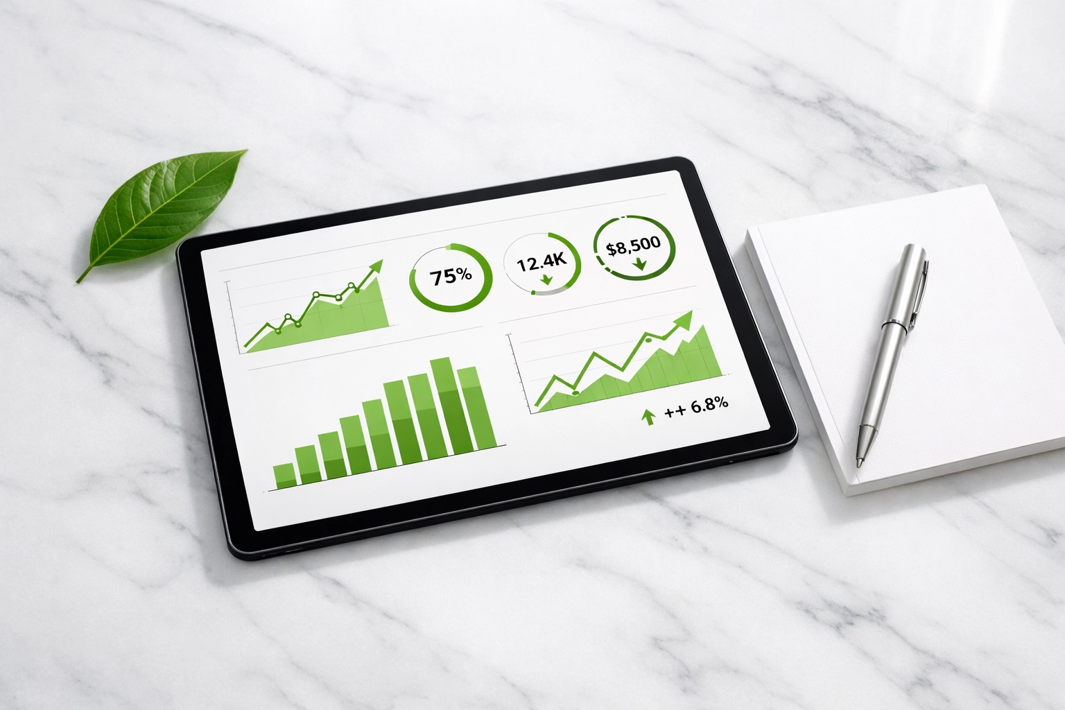 Digital tablet showing a business analytics dashboard with growth charts for tracking marketing performance.