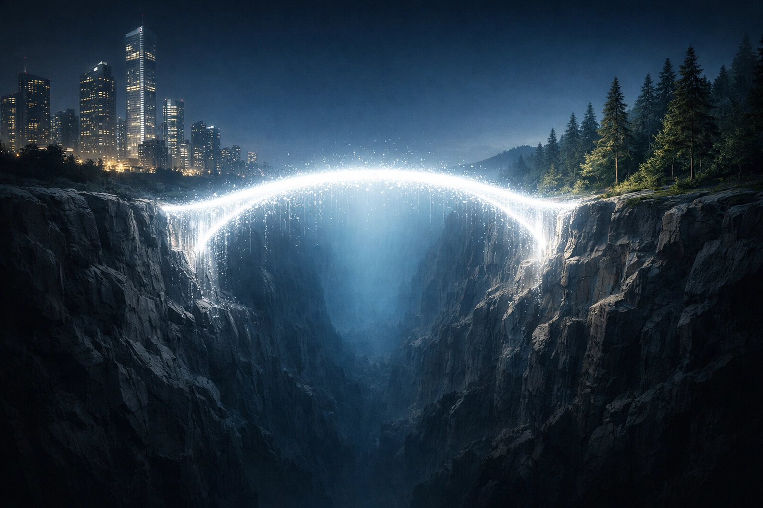 A glowing light bridge connecting two landscapes, symbolizing the Holy Spirit's work in reconciliation.