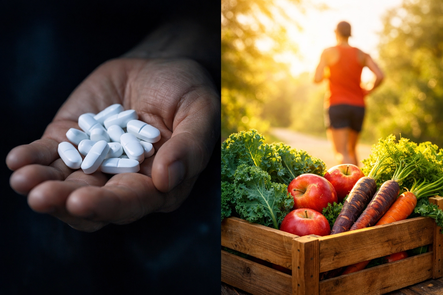 Split view of prescription pills and fresh organic produce, representing a shift toward preventative health.