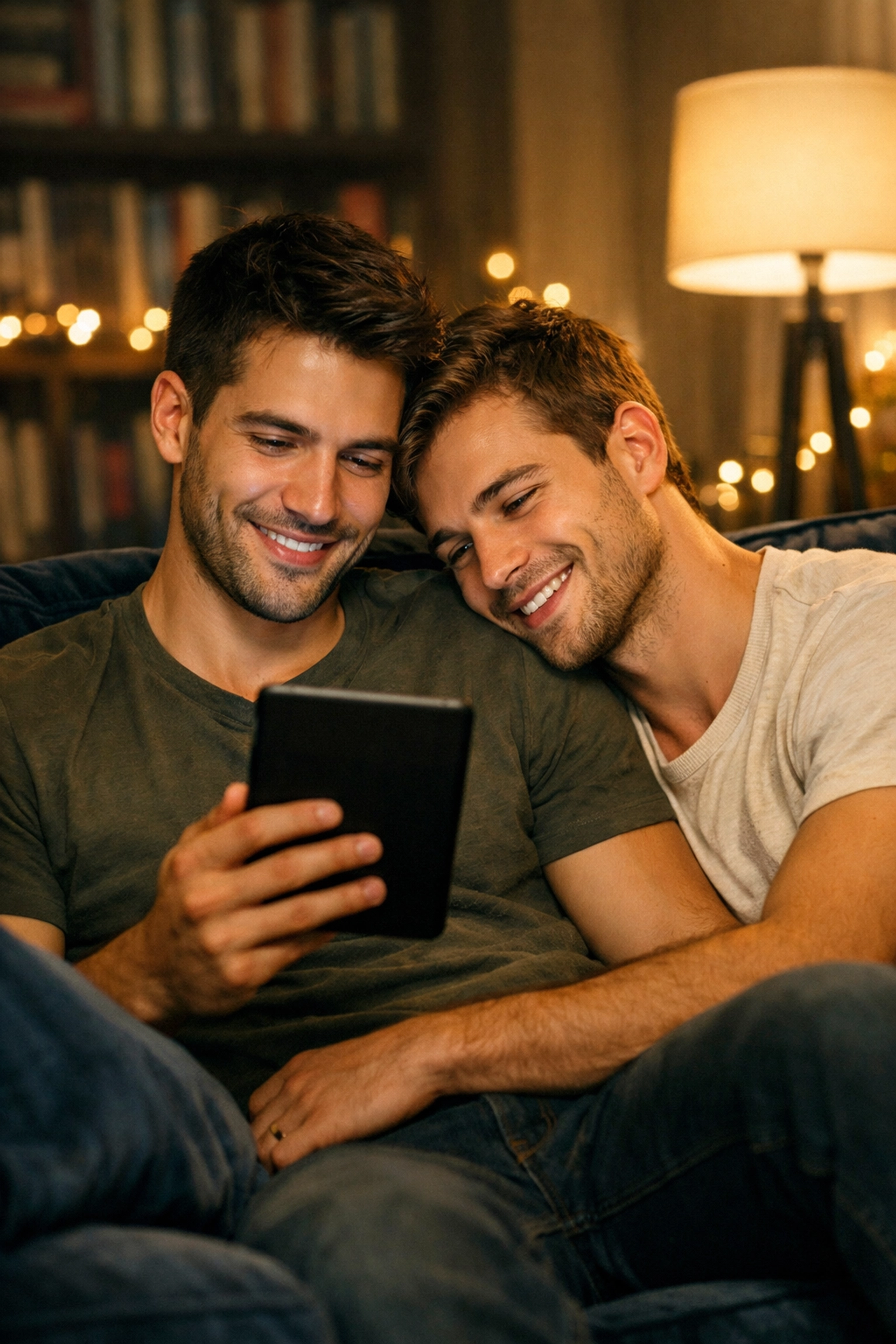 Two men reading an MM romance ebook together, illustrating the dedicated audience for gay love stories.