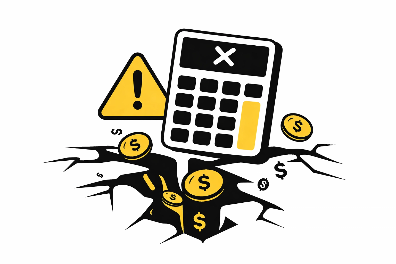 Illustration showing costly HR errors with calculator, warning sign, and money symbols for SMBs