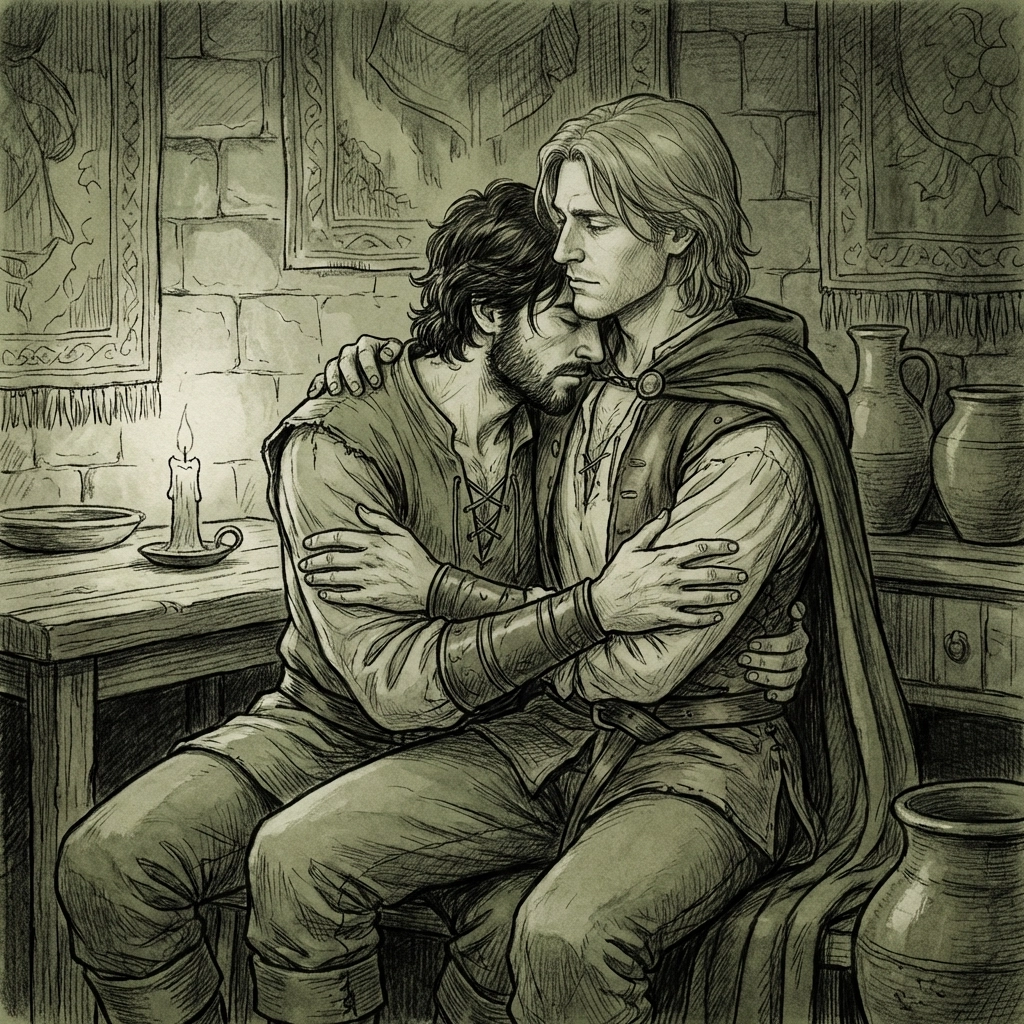 Intimate embrace between male witchers in gay fantasy romance novel