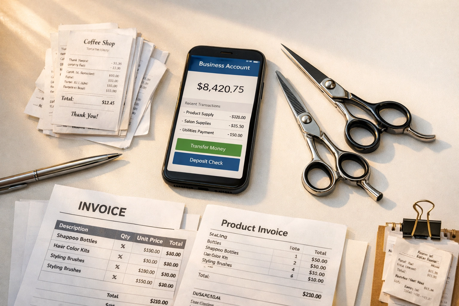 Small business expense receipts and invoices with professional hair shears on desk