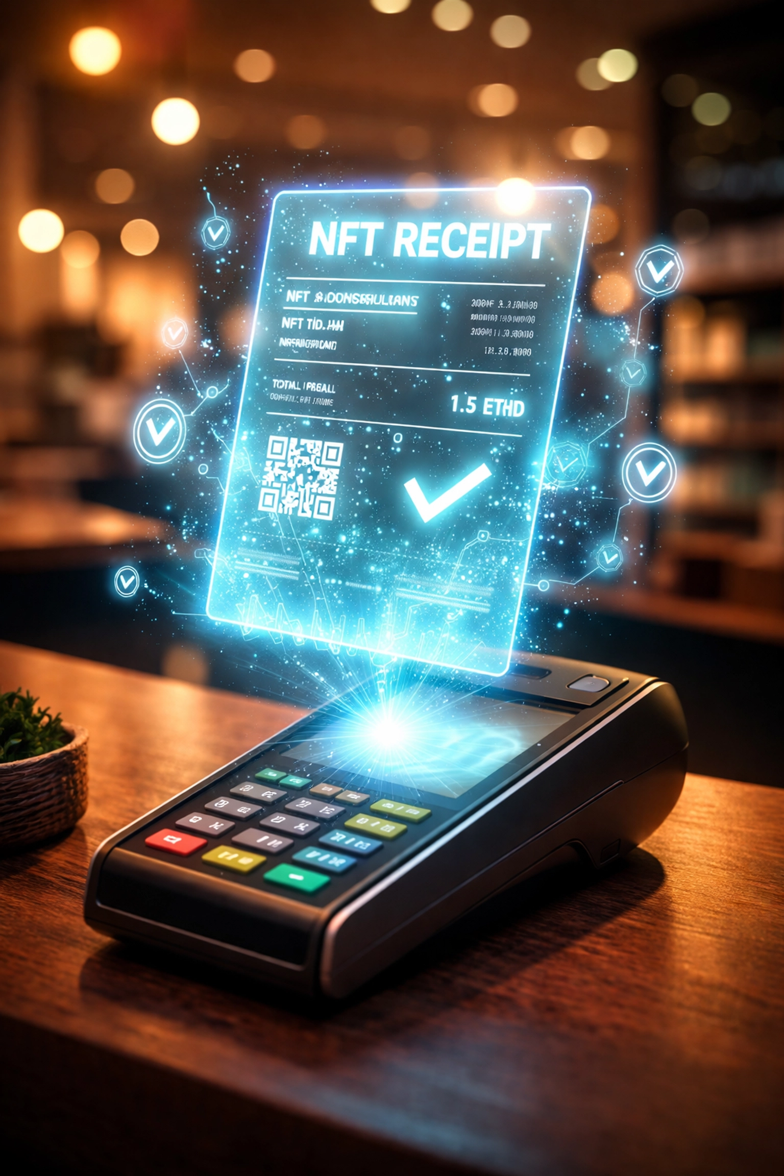 Visual representation of an NFT receipt at a Web3 crypto POS terminal highlighting blockchain transaction records