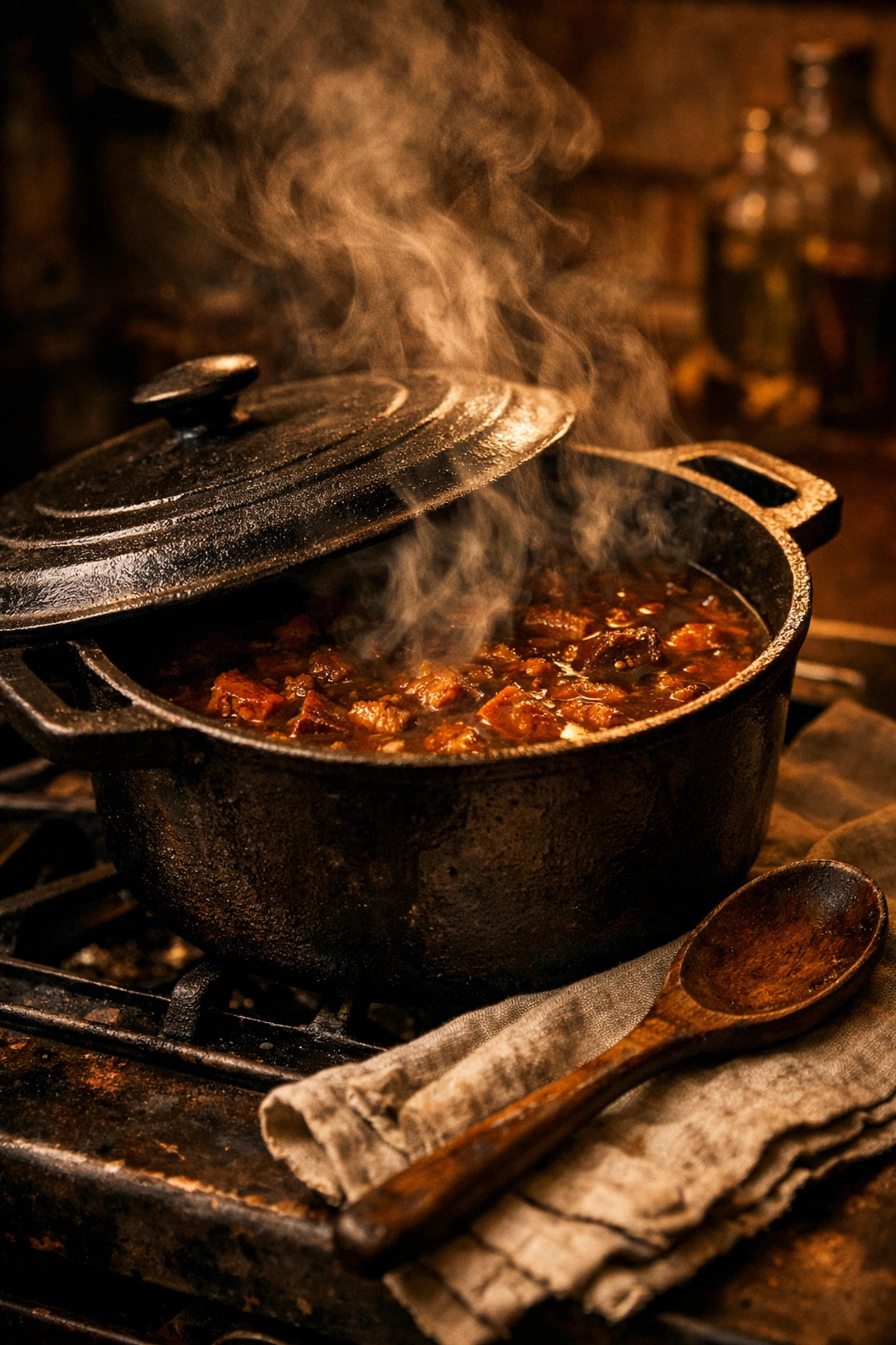 Steaming Southern gumbo in a cast-iron pot, a signature dish from a private chef in Seattle.