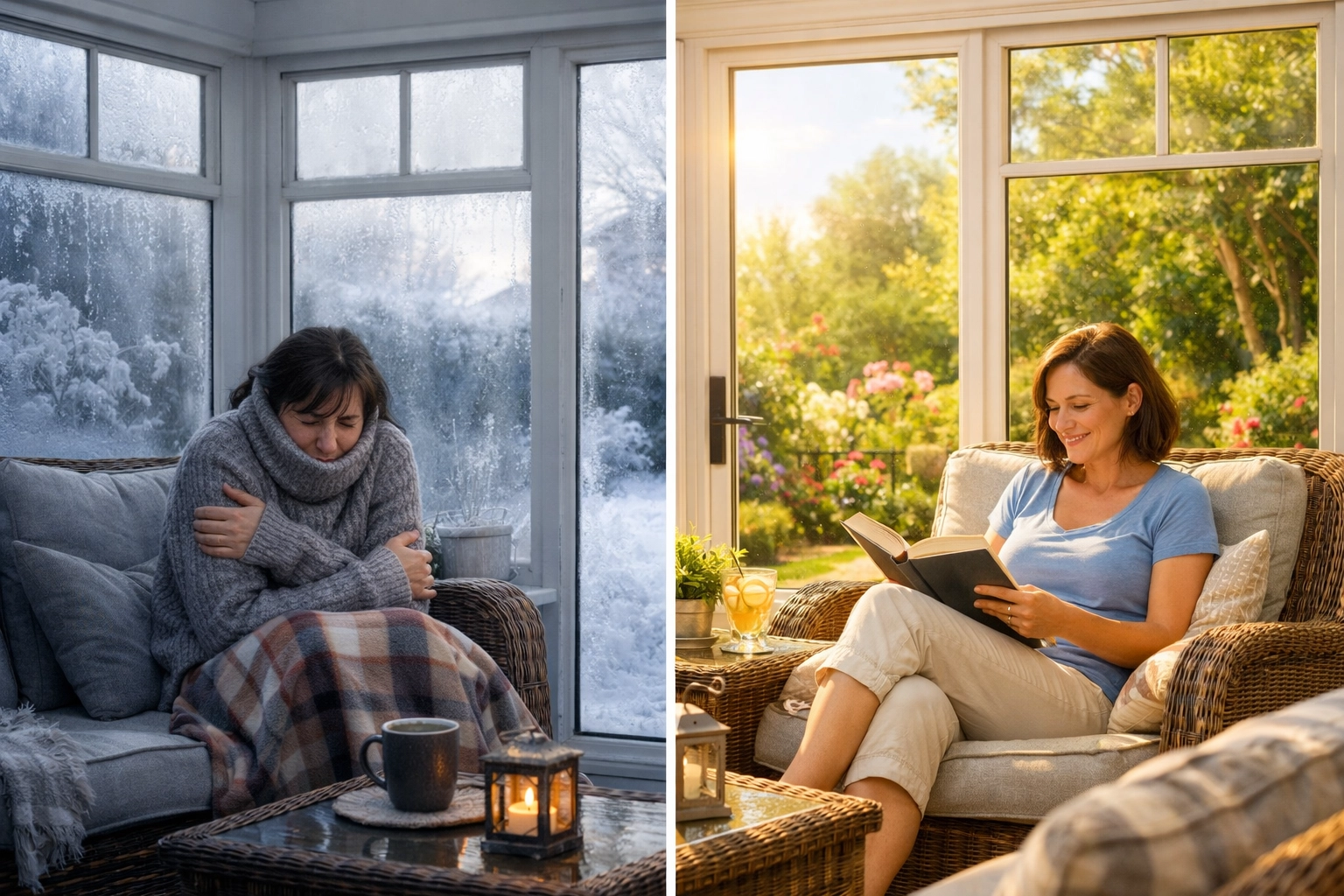 Conservatory shown in winter and summer demonstrating year-round usability after conversion