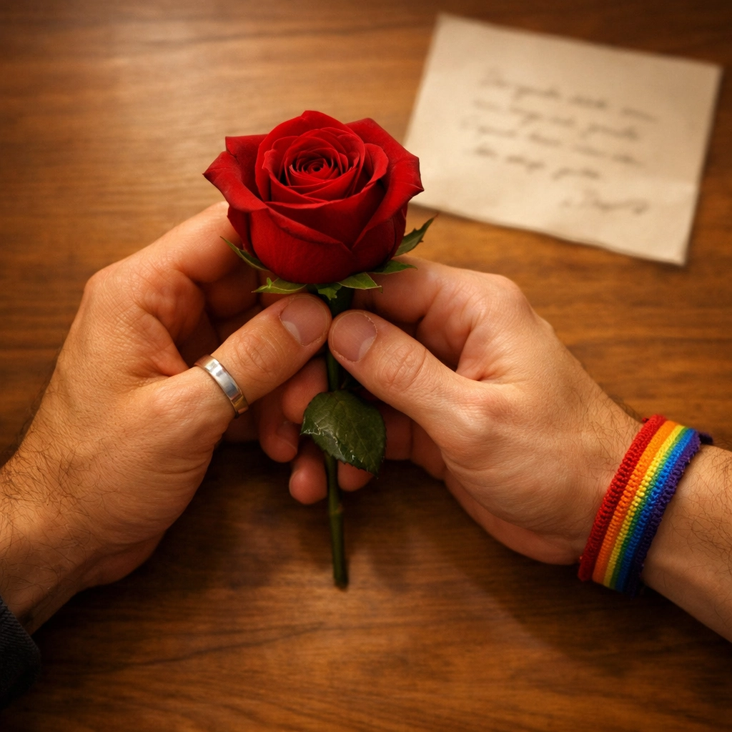 Two men's hands holding red rose with love note - gay Valentine's Day secret admirer romance