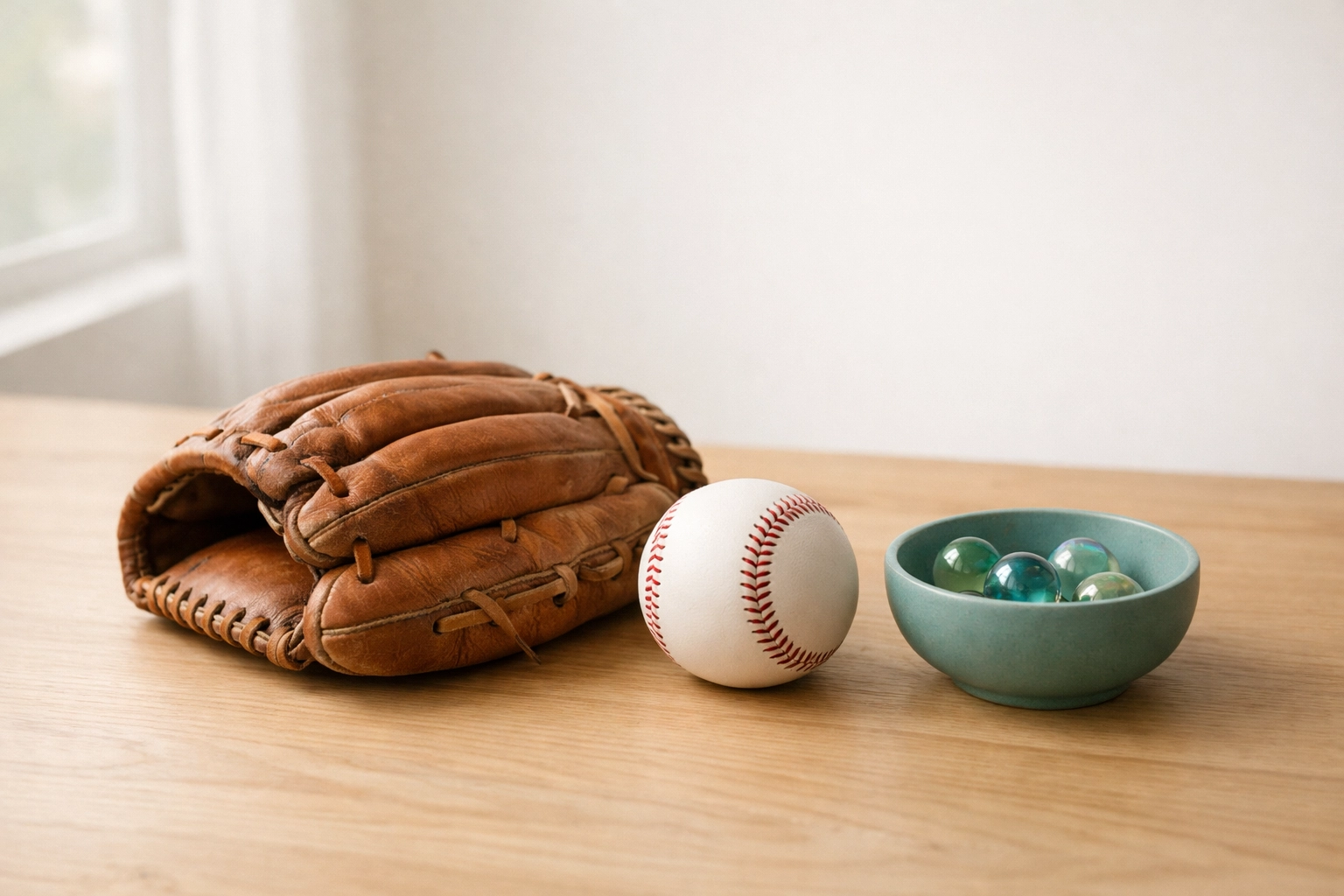 Vintage baseball glove and marbles on a table, representing the lost boyhood in trans-masculine developmental grief.