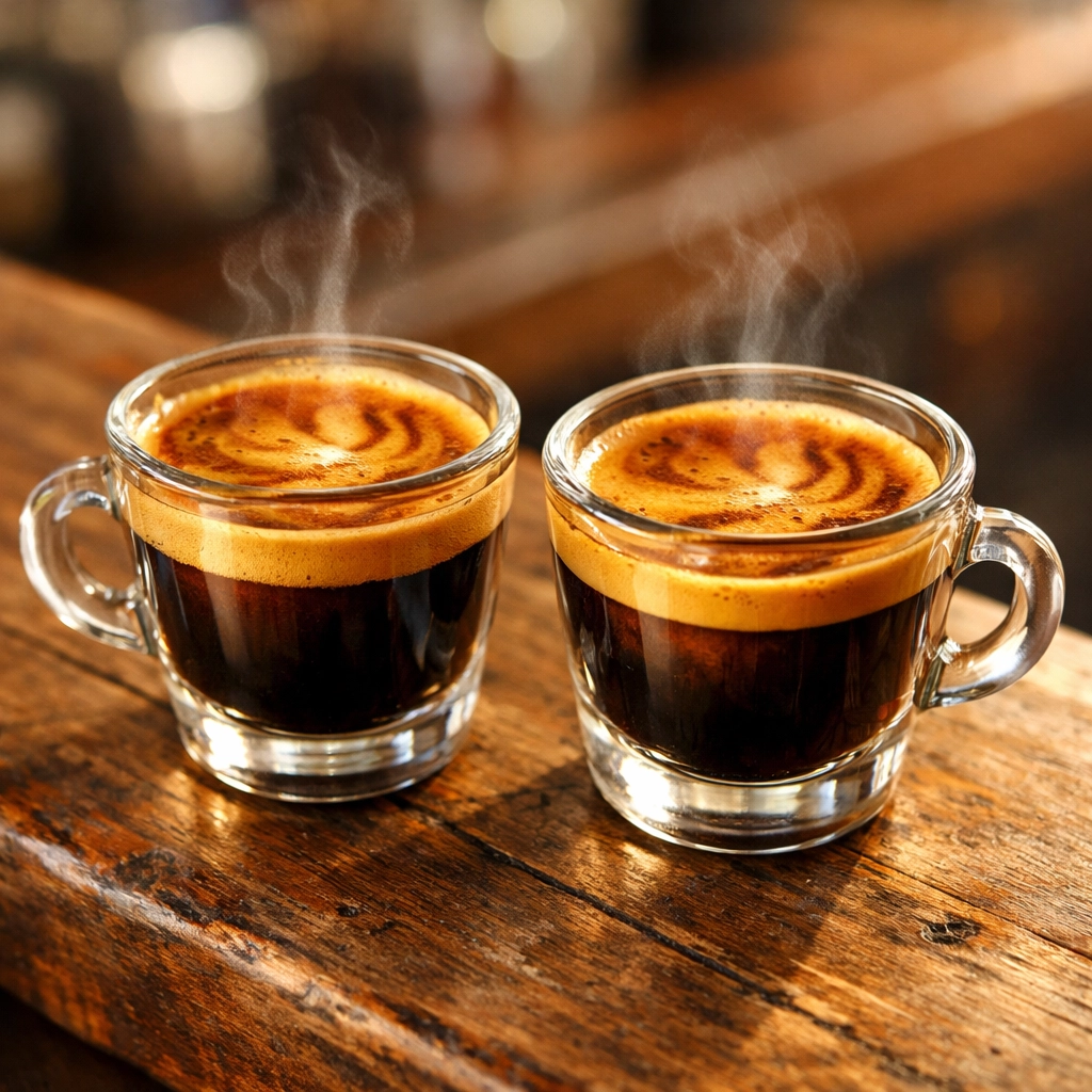 Two identical espresso shots with thick crema illustrating consistent coffee quality from professional training.