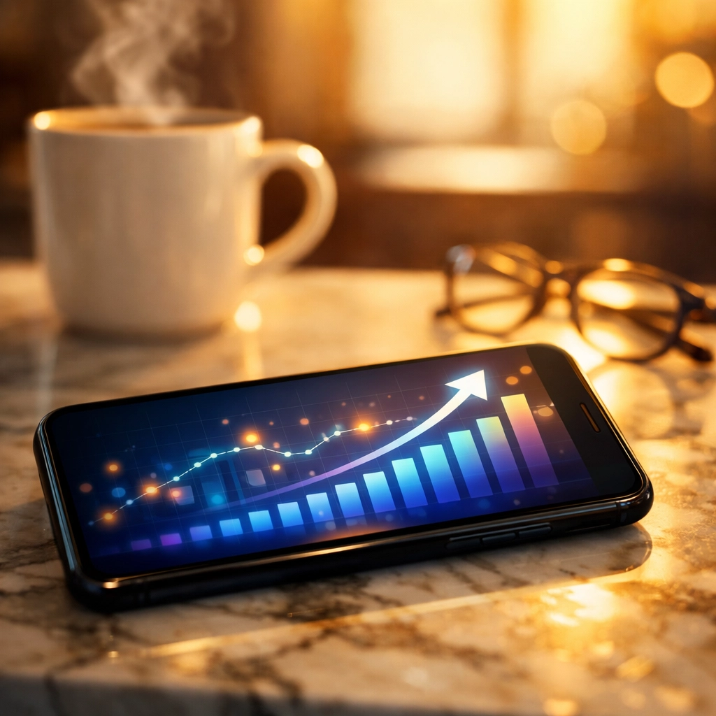 A smartphone displaying business growth data representing an automated sales funnel strategy.