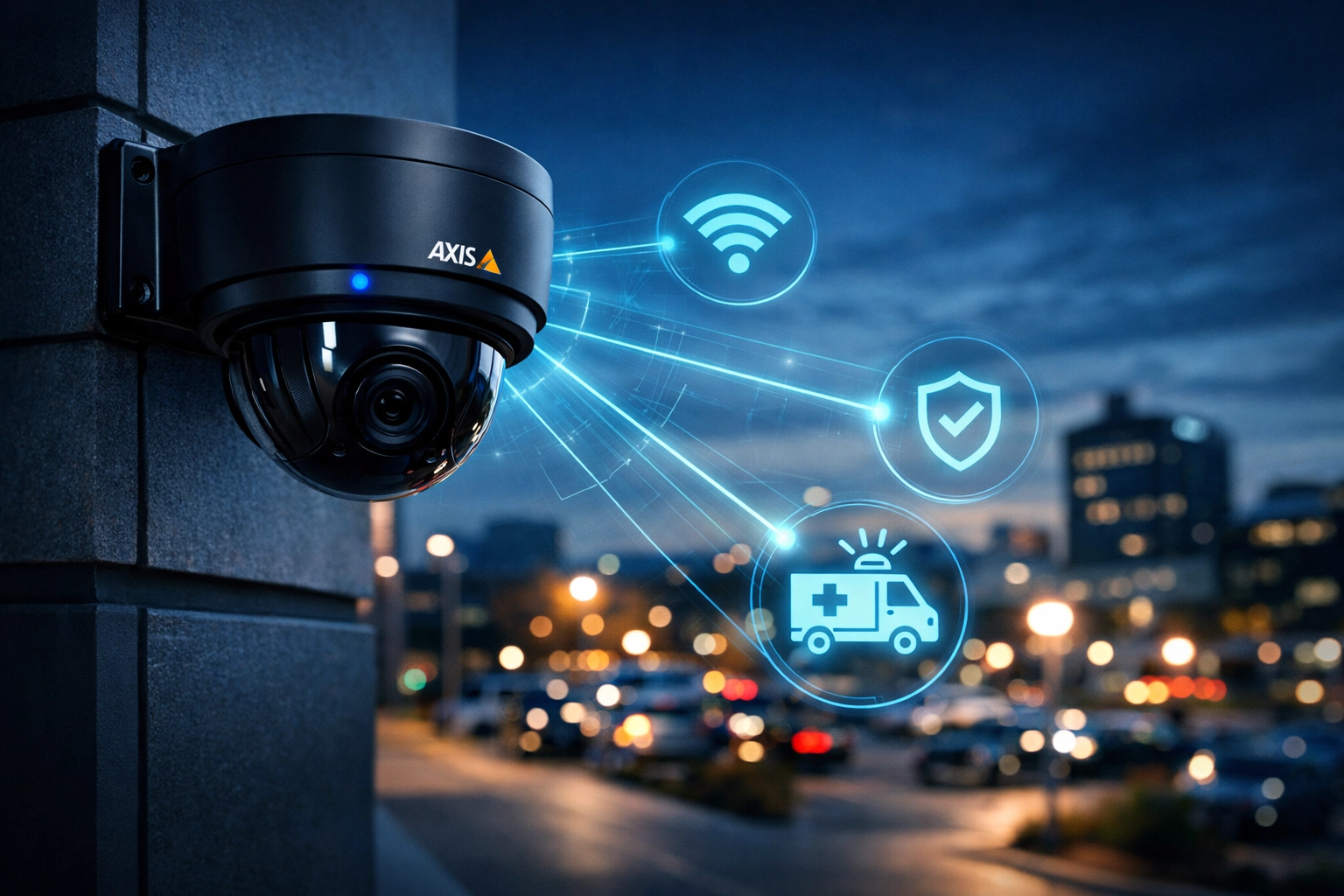 Axis Communications security camera on Michigan business building with network connectivity