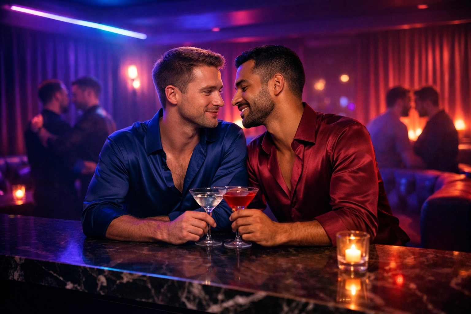 Two men in silk shirts enjoy cocktails at a luxury gay club bar bathed in neon violet and blue lighting.