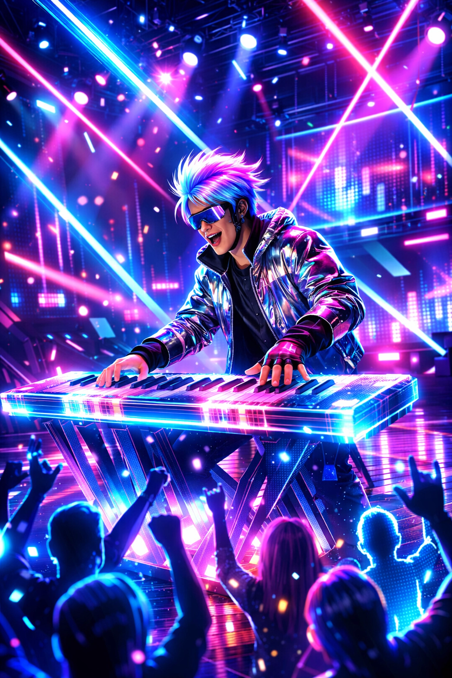 A glowing avatar performing on a virtual stage during a high-energy VR talent show for remote collaboration.