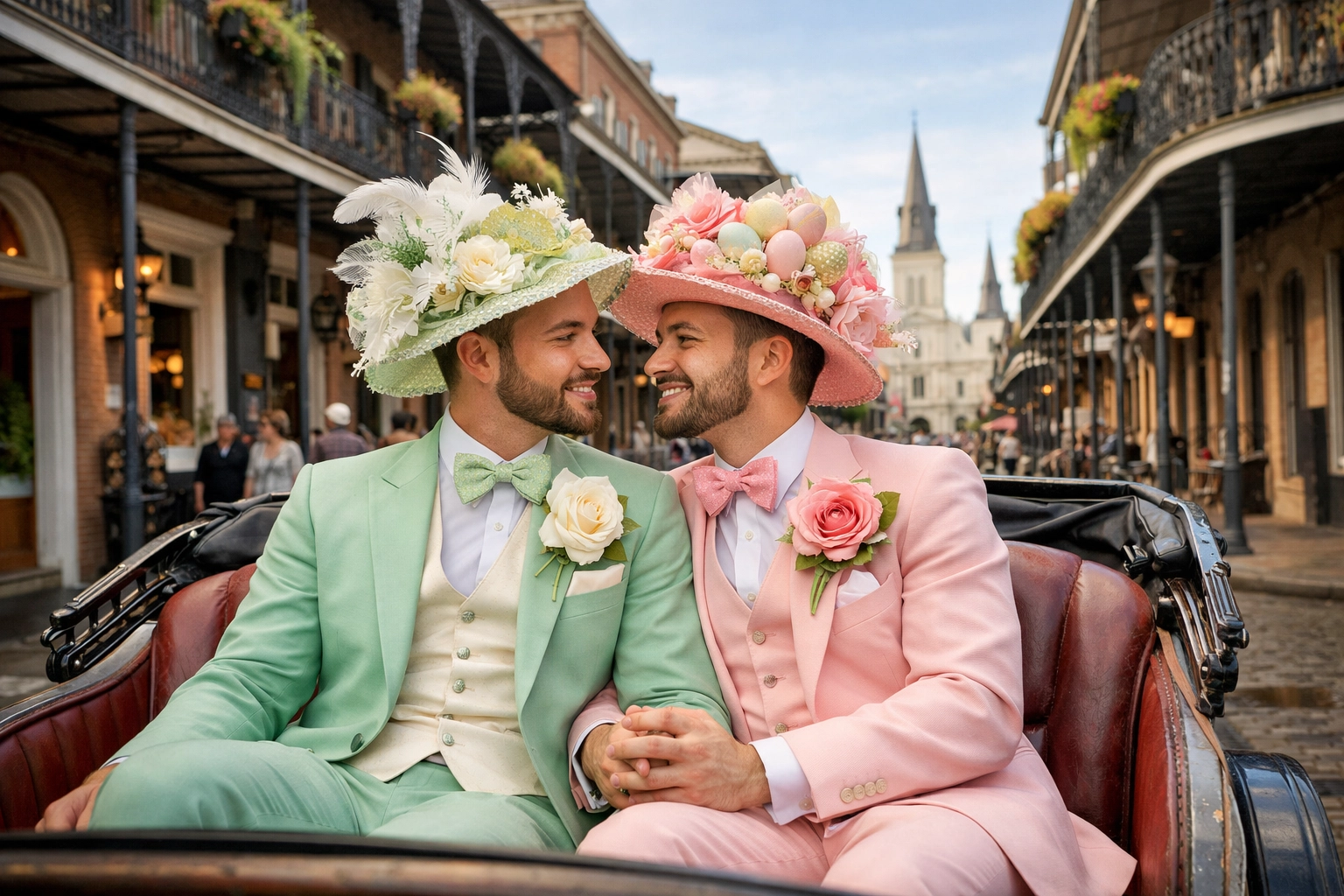 Two gay men wearing decorative Easter bonnets in a vintage carriage through the New Orleans French Quarter.