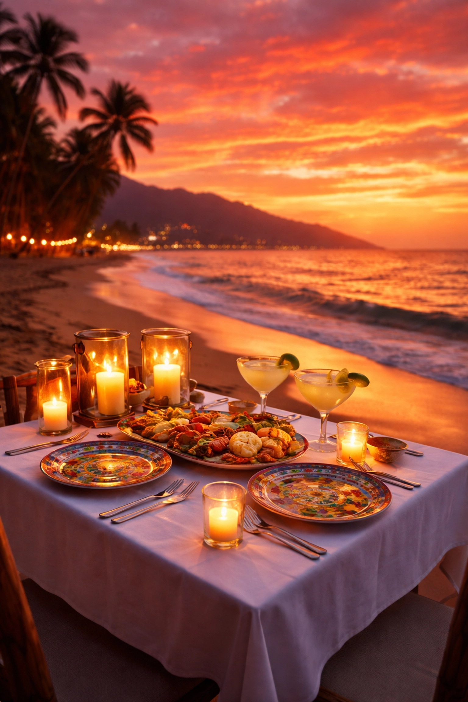 Candlelit beach dinner for two in Puerto Vallarta at sunset with Mexican cuisine and ocean views.