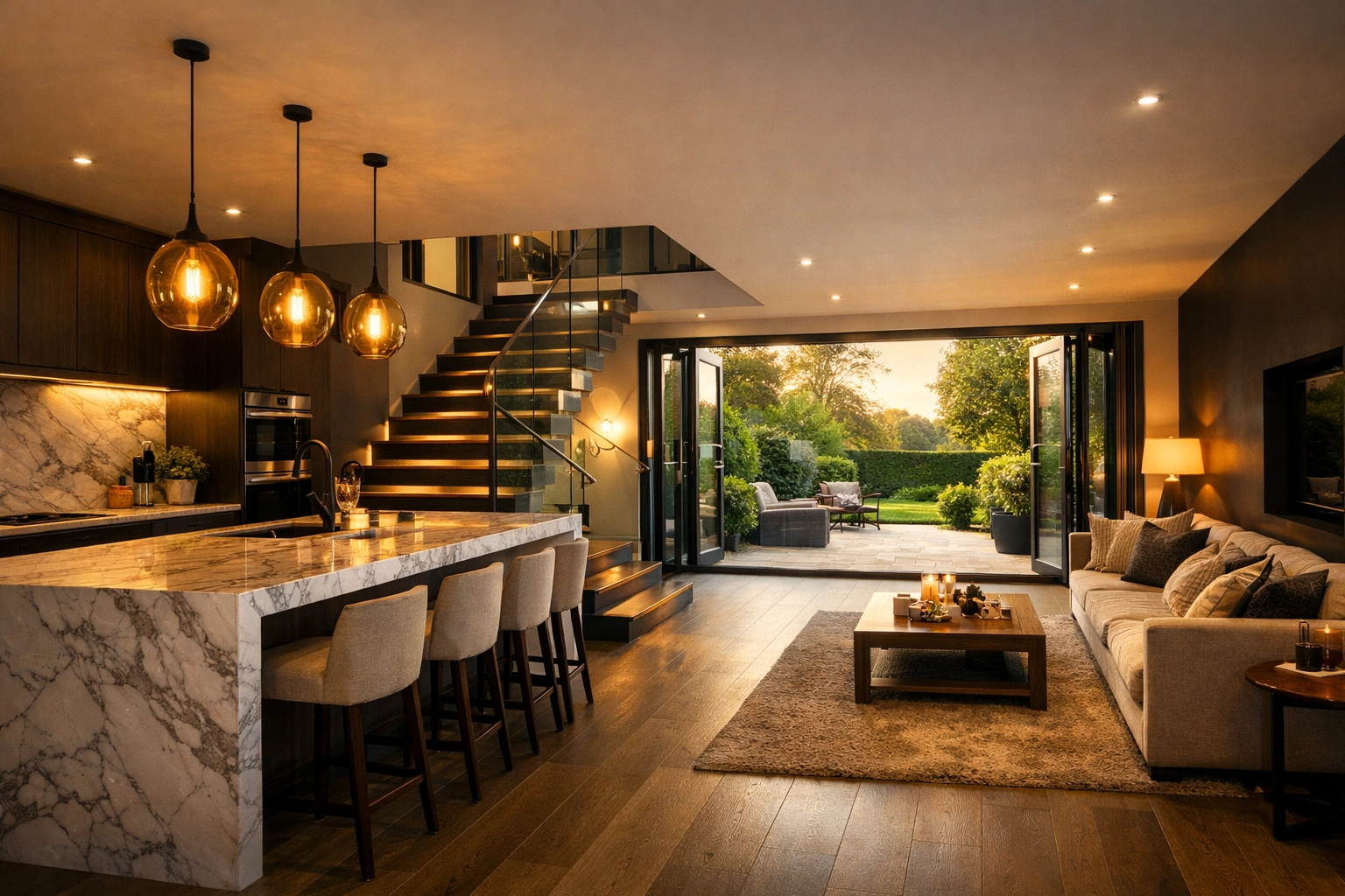Open-plan kitchen and living area with a modern staircase leading to a new second-floor addition.