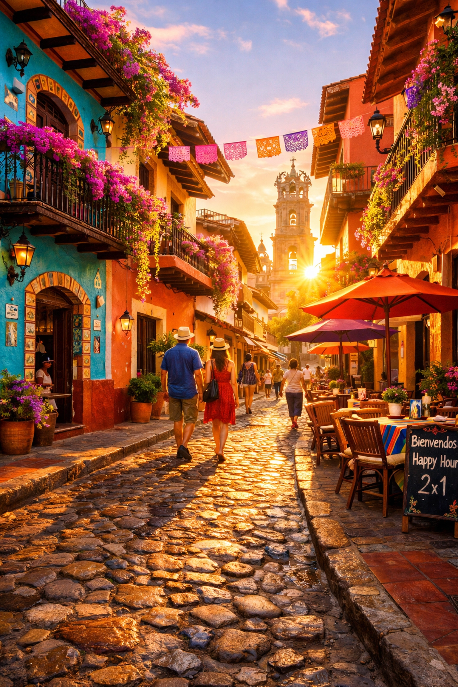 Old Town Puerto Vallarta cobblestone street with colonial architecture and bougainvillea