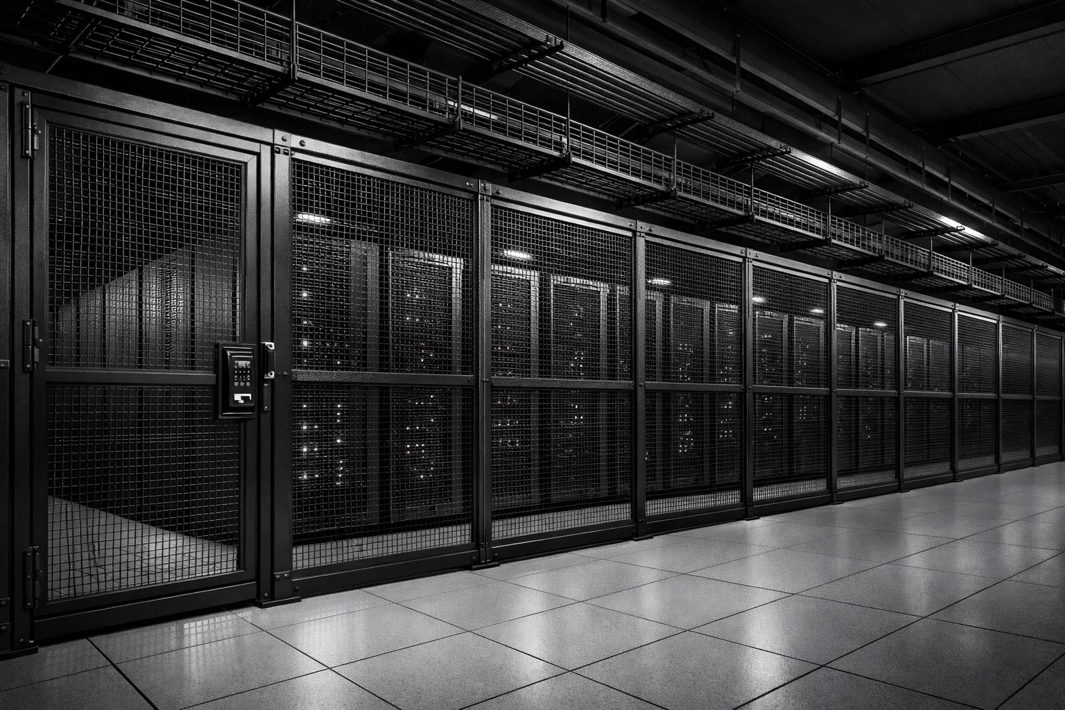 Heavy-duty industrial security enclosure protecting long rows of server racks in a data center.