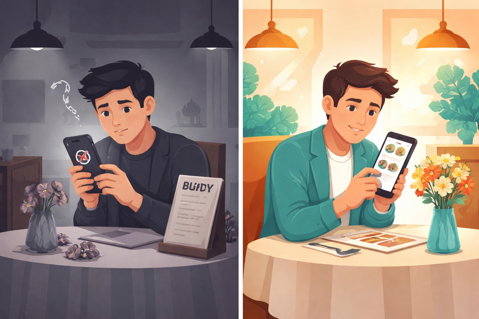 Side-by-side comparison of a confused diner with a broken digital menu and a satisfied customer using a modern QR code menu