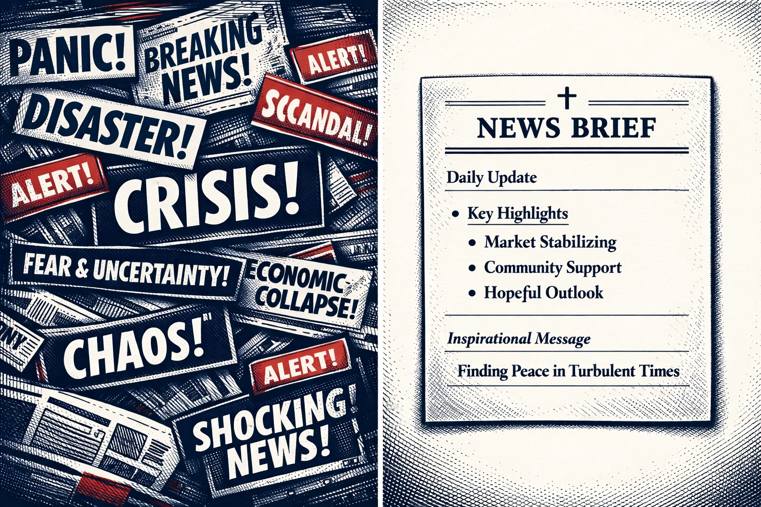 Comparison of chaotic news headlines versus peaceful Christ-centered Early Bird Brief format