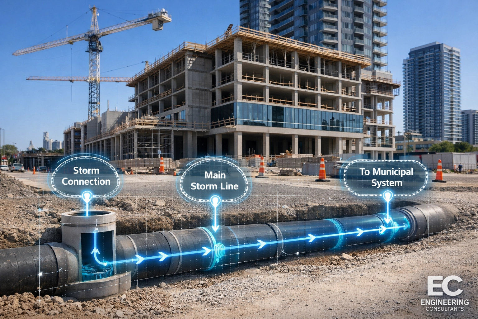 Engineering analysis of municipal storm system connections at an Ontario commercial construction site.