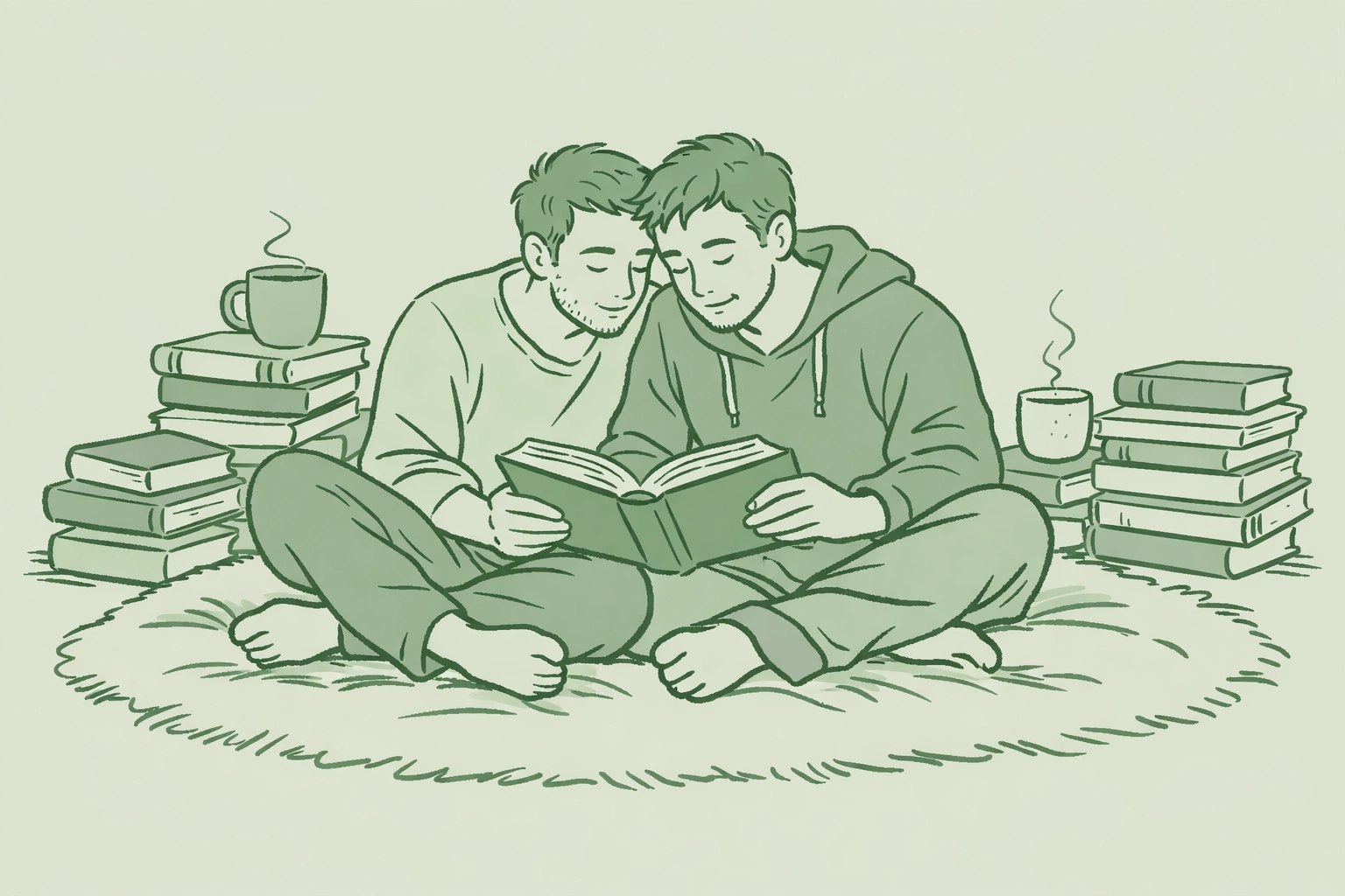 A gay couple reading MM romance books together, illustrating the comfort and sanctuary found in inclusive queer literature.