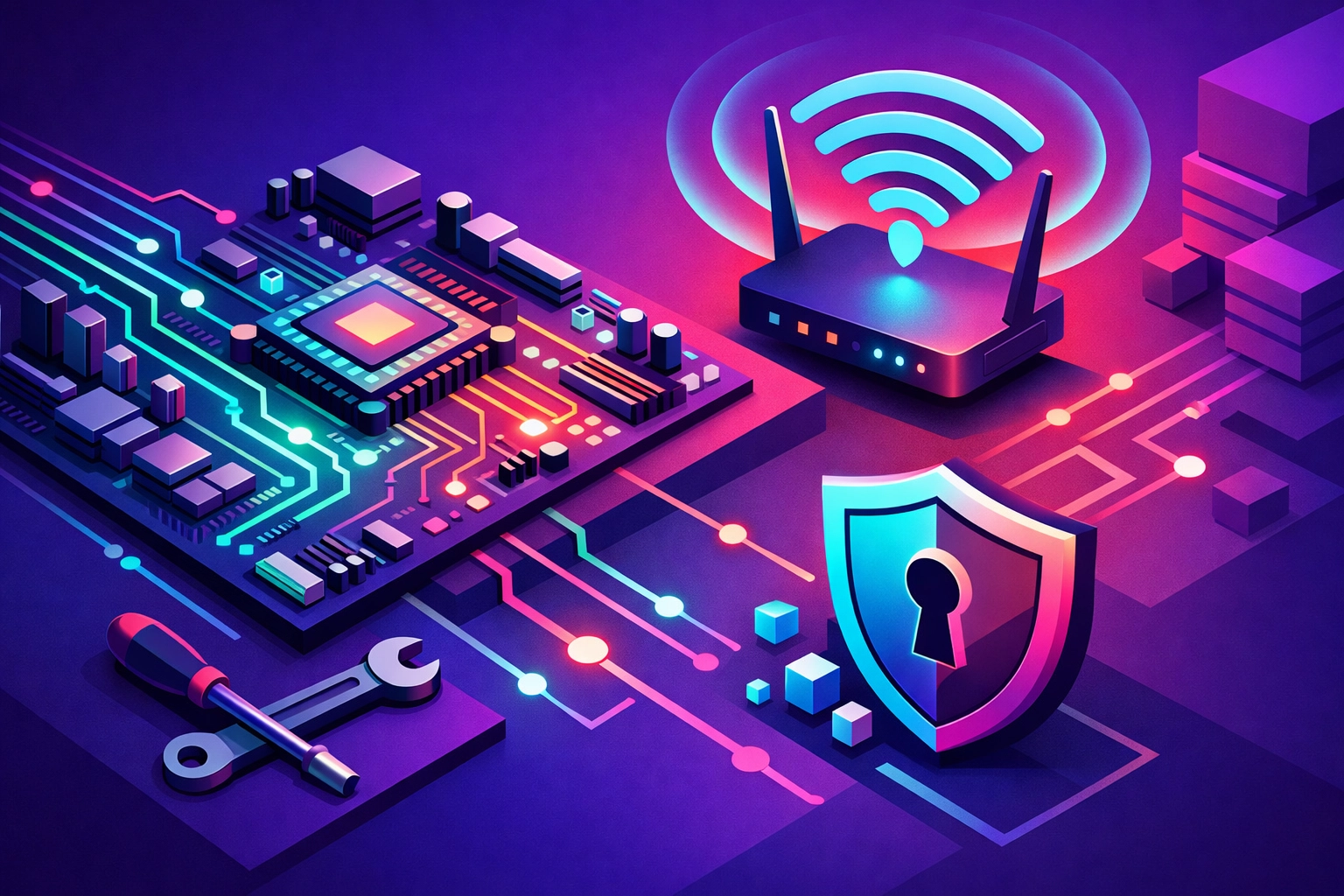 Illustration of network security, Wi-Fi connectivity, and hardware optimization for managed IT services.