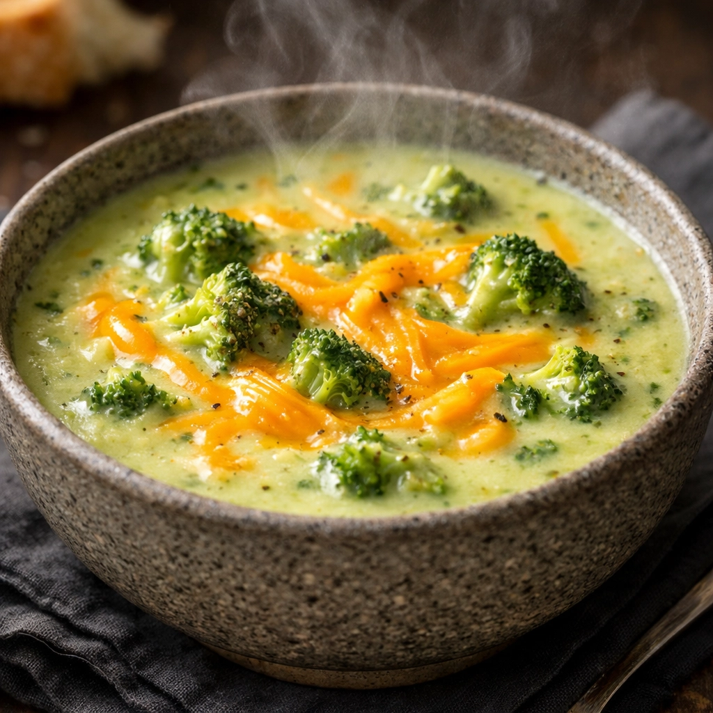 20 Dump-and-Go Crockpot Dinners Creamy 5-ingredient crockpot broccoli cheddar soup topped with melted cheese in a stoneware bowl.