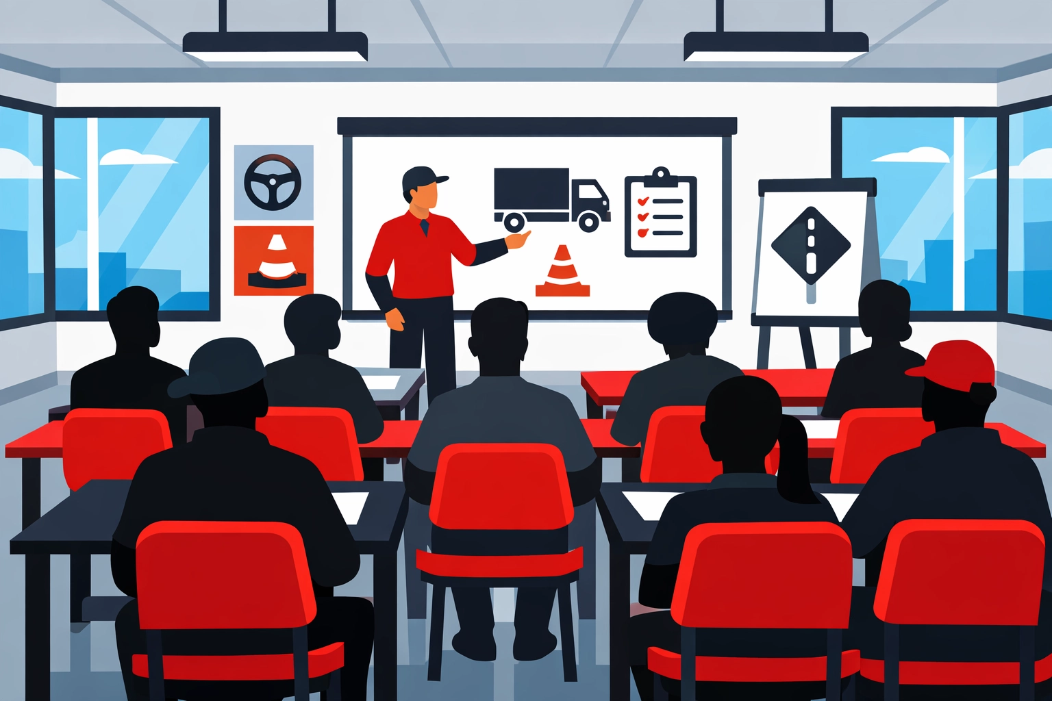 Interactive Driver CPC training classroom with qualified instructor teaching professional drivers