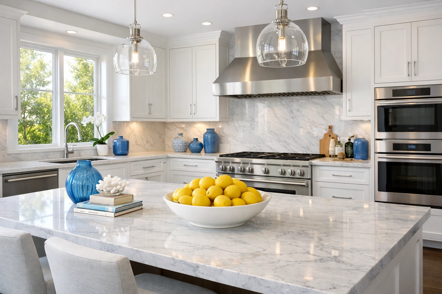 Professionally cleaned modern kitchen in Newton MA featuring spotless marble countertops and stainless steel.