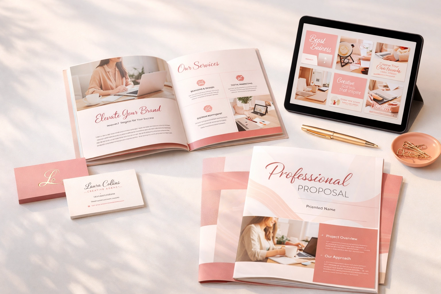 Professional branding package with business cards, brochures, and marketing materials