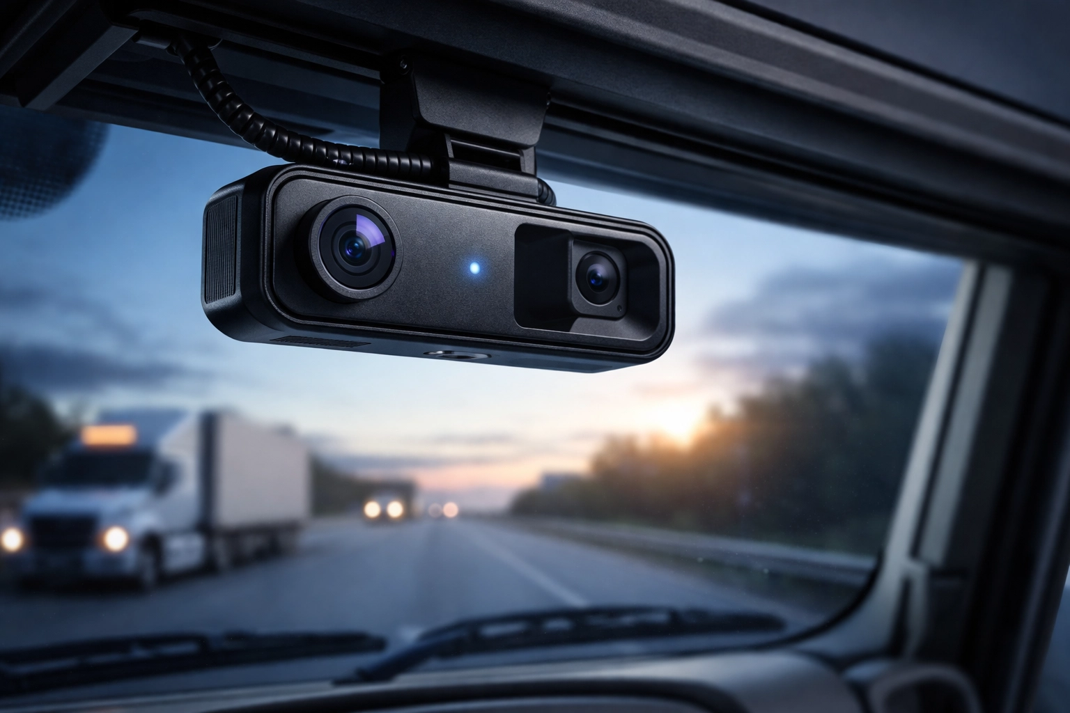 Close-up of AI dash camera on truck windshield showing advanced fleet video telematics