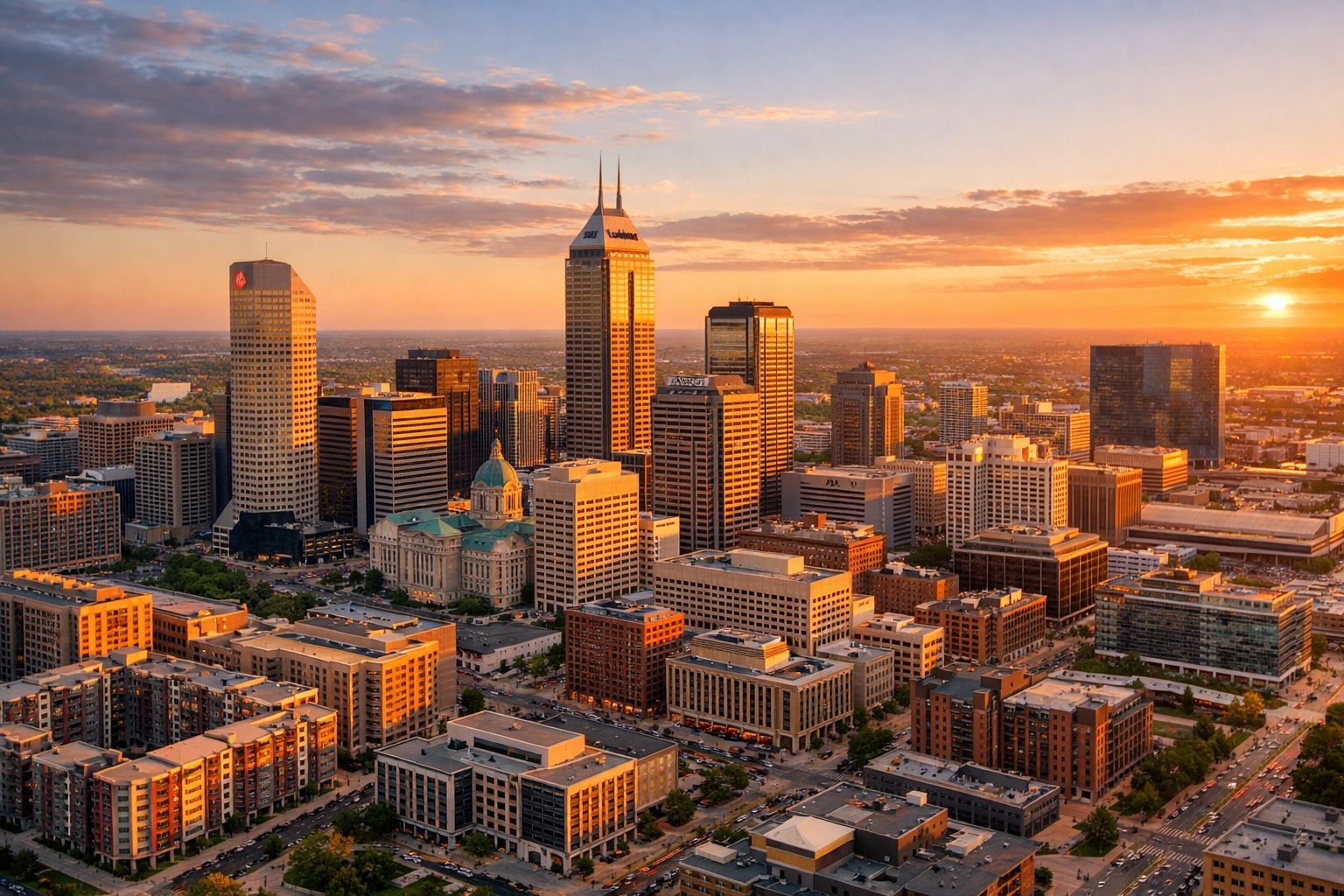 Aerial view of the Indianapolis skyline at sunset representing large-scale Midwest property management.