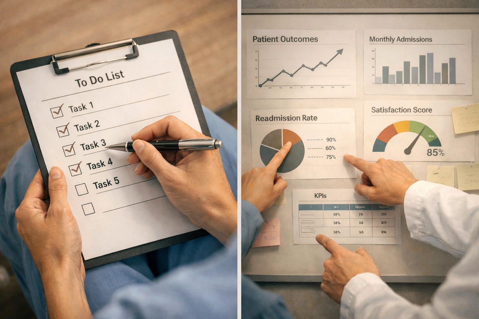 Task checklist versus strategic outcome metrics dashboard for medical practice hiring decisions