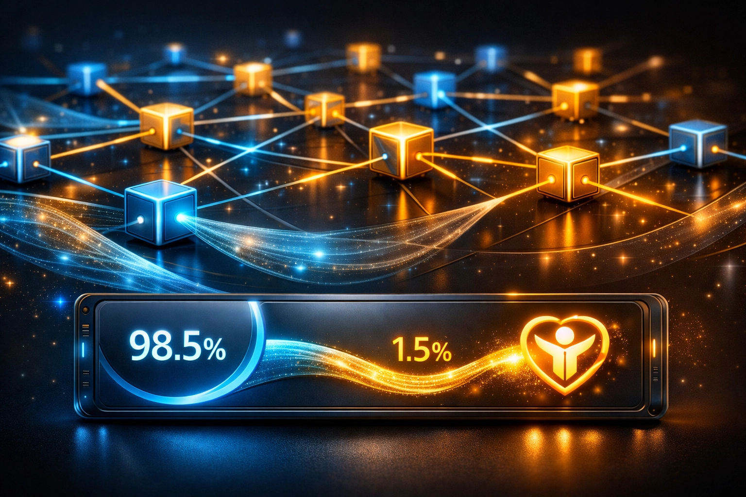 Blockchain network visualization showing Larecoin's automatic 98.5% merchant, 1.5% hunger relief split