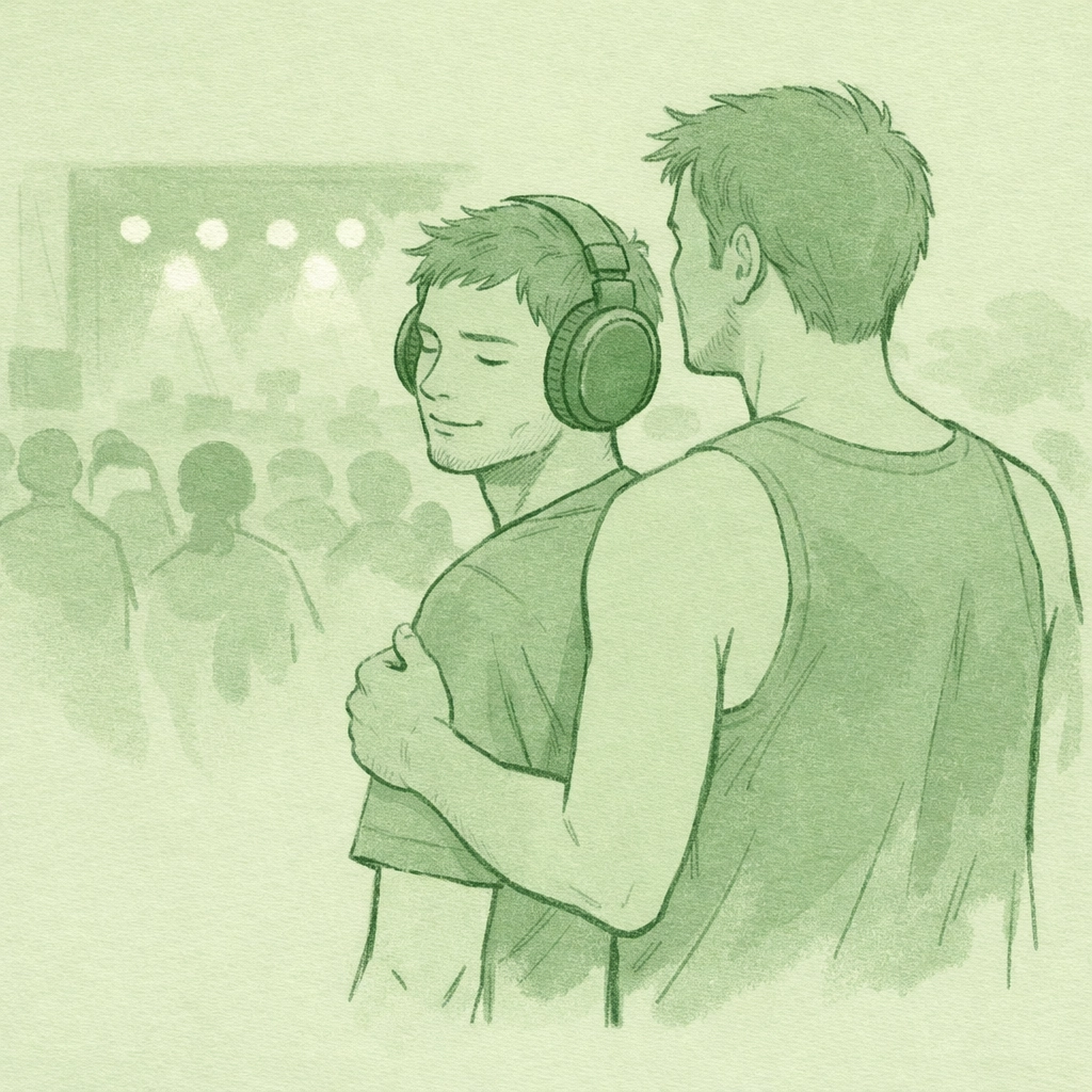 Gay men at music festival with noise-cancelling headphones - introvert survival tips