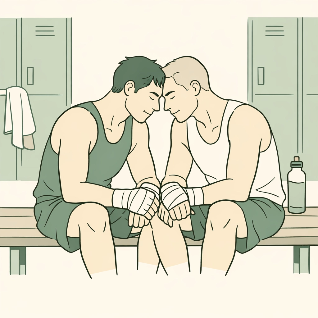 Two male boxers share a quiet emotional moment in a locker room, highlighting high-angst MM sports romance.