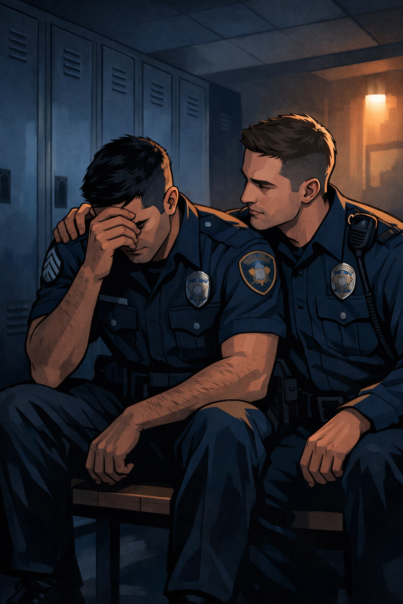 Two gay police officers sharing supportive moment in station locker room